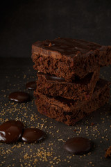 Delicious Chocolate Brownies with Dark Background. Chocolate Cakes with dark background. Low light...
