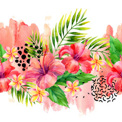 Hand painted artwork: watercolor tropical leaves and flowers on brush strokes background.