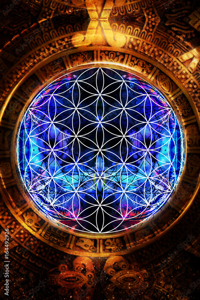 Poster flower of life and ancient mayan calendar on abstract color background. sacred geometry.