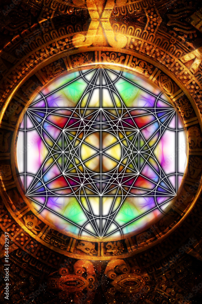 Poster light merkaba and ancient mayan calendar on abstract background. sacred geometry.