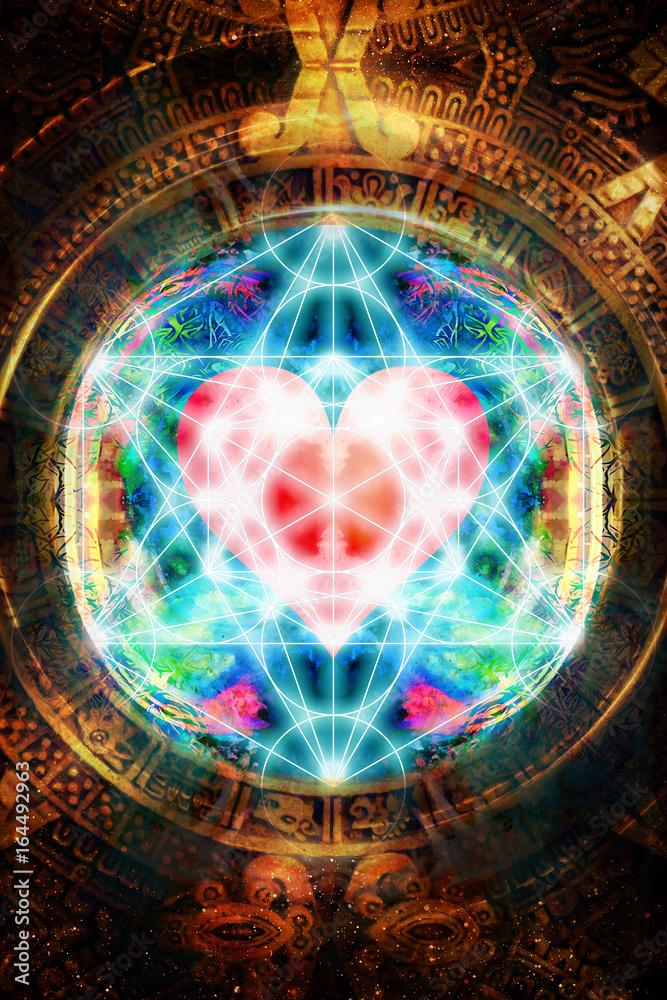 Aufkleber light merkaba and heart and ancient mayan calendar in cosmic space. sacred geometry.