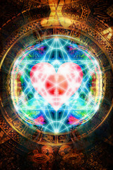 Light merkaba and heart and ancient Mayan Calendar in cosmic space. Sacred geometry.