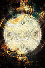 Light merkaba and zodiac in cosmic space. Sacred geometry.