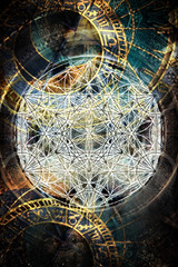 Light merkaba and flower of life and zodiac in cosmic space. Sacred geometry.