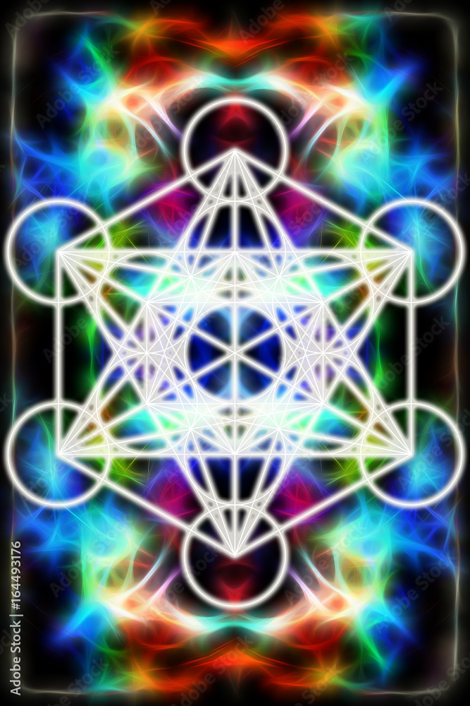 Poster Light merkaba on abstract background and fractal effect. Sacred geometry.