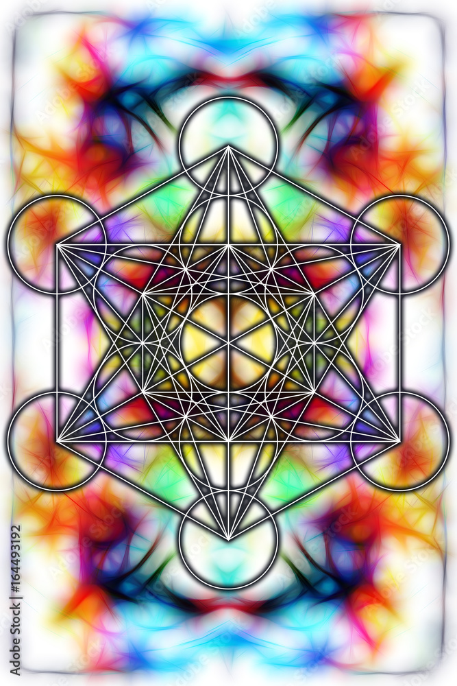 Poster Light merkaba on abstract background and fractal effect. Sacred geometry.