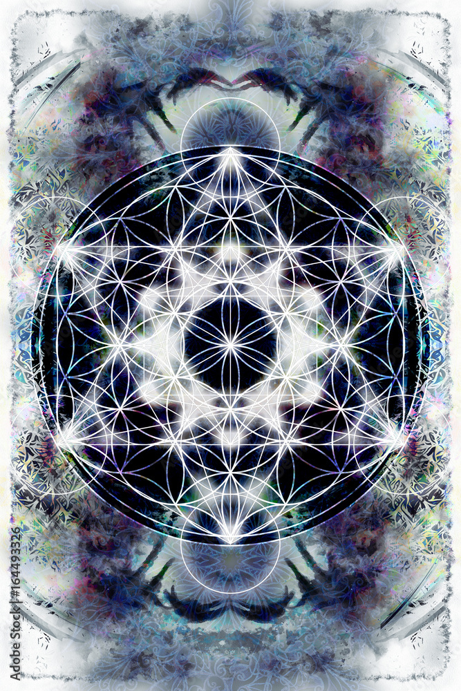 Aufkleber light merkaba and flower of life on abstract color background. sacred geometry.