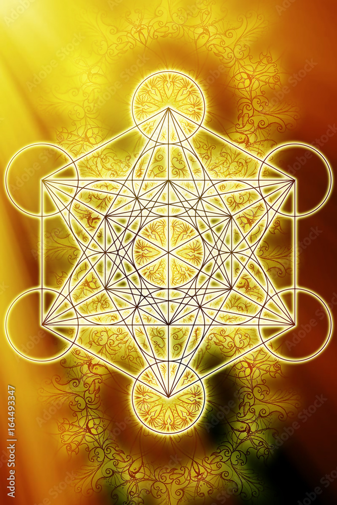 Aufkleber merkaba and mandala on abstract color background. sacred geometry. sun light effect.