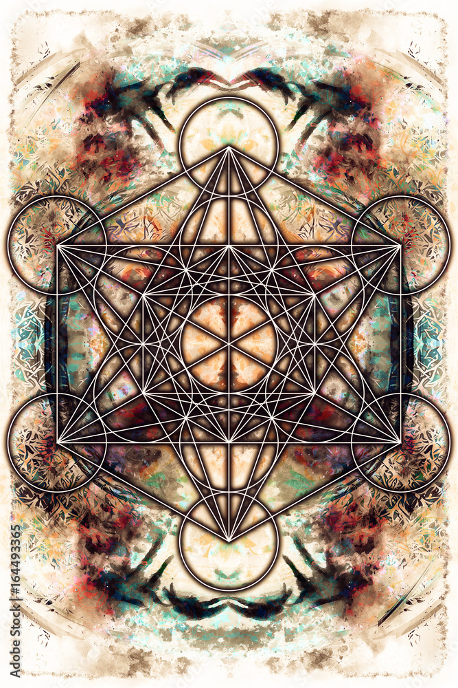 Poster merkaba on abstract color background. sacred geometry.