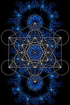 Merkaba and mandala on ablack background. Sacred geometry.