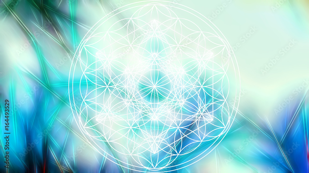 Poster Light merkaba and Flower of life on abstract color background and fractal structure. Sacred geometry.