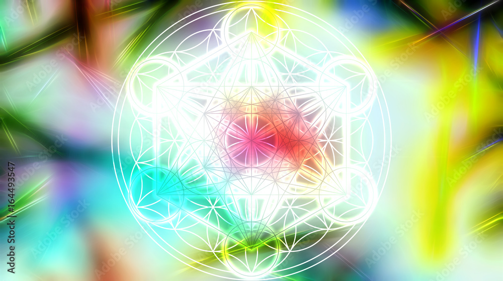 Poster Light merkaba and Flower of life on abstract color background and fractal structure. Sacred geometry.
