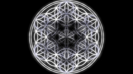 Flower of life on black background, fractal effect. Sacred geometry.