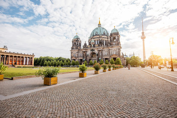 View on the famous Dom cathedral with Lust garden and television tower during the morning light in Berlin city - obrazy, fototapety, plakaty