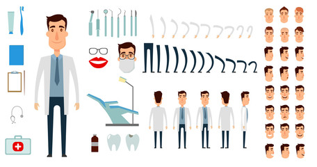 Dentist character creation set. Icons with different types of faces, emotions, clothes. Front, side, back view of male person. Moving arms, legs. Flat and cartoon style. Vector illustration.