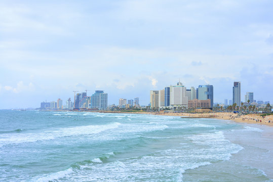 TEL AVIV, ISRAEL - APRIL, 2017: View of the coastline of Tel Aviv in cloudy weather. Famous tourist view, overview