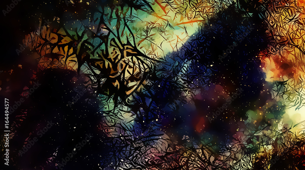 Poster cosmic space and stars, color cosmic abstract background and black fractal structure.