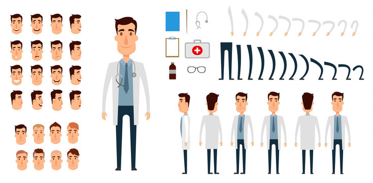 Doctor character creation set. Icons with different types of faces, emotions, clothes. Front, side, back view of male person. Moving arms, legs. Flat and cartoon style. Vector illustration.