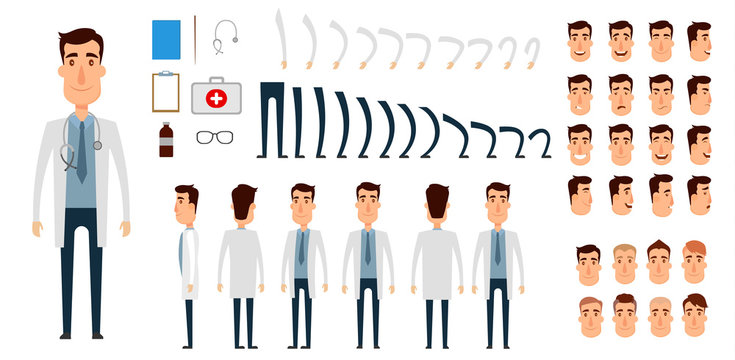 Doctor character creation set. Icons with different types of faces, emotions, clothes. Front, side, back view of male person. Moving arms, legs. Flat and cartoon style. Vector illustration.