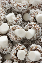 Coconut mushrooms a mushroom shaped sweet covered with desiccated coconut with a fondant stalk