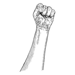 Hand gesture sketch. Man wrist illustration isolated on white background. Hand drawn engraving style of male raise high up fist. Vector.