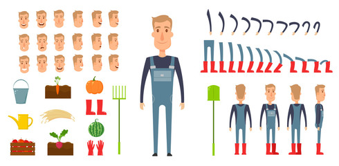 Farmer character creation set. Icons with different types of faces, emotions, clothes. Front, side, back view male person. Moving arms, legs. Chair. Board. Flat and cartoon style. Vector illustration.