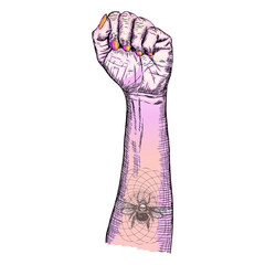 Woman's hand fist raised up freedom sign with sacred bee and skull flash tattoo. Wrist in pink color girl power symbol. Realistic style drawing feminism concept. Emo gothic colors body art. Vector.
