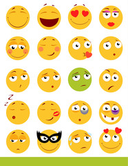 Set of cute Emoticons. Emoji and Smile icons. Isolated on white background. vector illustration.