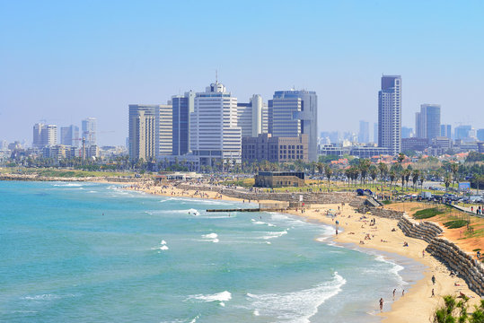 TEL AVIV, ISRAEL - APRIL, 2017: View of the coastline of Tel Aviv from the observation deck in old Jaffa.