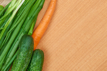closeup of fresh fruits and vegetables on wooden table, healthy food concept, abstract object and background