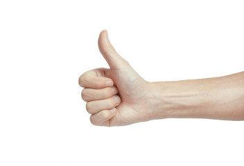Closeup of male hand showing thumbs up sign against white background
