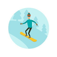 A man, boy, young person snowboarding in the mountains. Different background. Flat and cartoon style. Vector illustration.