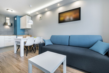 Modern living room with grey walls