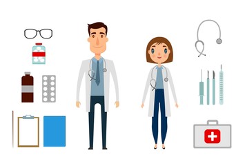 Character of medicine person man and woman. Flat and cartoon style. Vector illustration. White background.