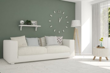 Idea of white modern room with sofa. Scandinavian interior design. 3D illustration