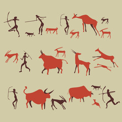 Cave drawing ; Ancient rock-painting stone age illustration vector