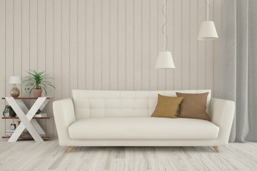 Idea of white minimalist room with sofa. Scandinavian interior design. 3D illustration