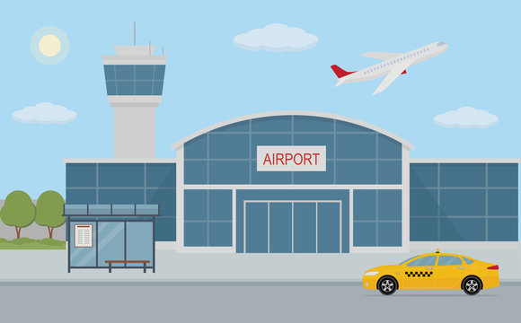 Airport building, taxi cab and bus stop. Flat style, vector illustration.