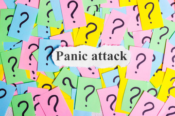 Panic Attack Syndrome text on colorful sticky notes Against the background of question marks