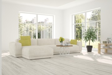 White room with sofa and summer landscape in window. Scandinavian interior design. 3D illustration