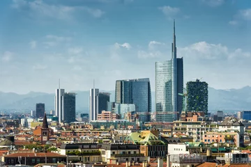 Foto op Plexiglas De skyline van Milaan met moderne wolkenkrabbers op blauwe hemelachtergrond, Italy © scaliger