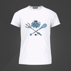 Original print for t-shirt. White t-shirt with fashionable design - Poseidon or Neptune head. Vector Illustration