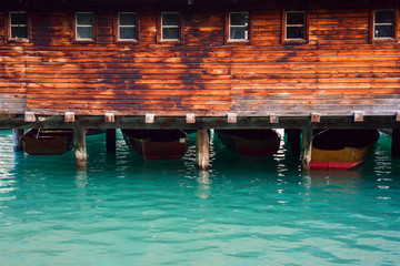 The Boathouse at Lake Braies in Dolomites mountains