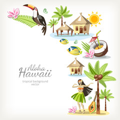 hawaii aloha background banner frame with border of traditional hawaiian objects summer travel card © naty_lee