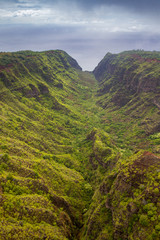 Fototapeta na wymiar Luftaufnahme über einem steilen Tal an der Na Pali Coast von Kauai, Hawaii, USA.