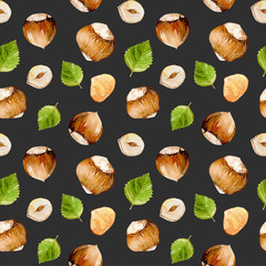 Seamless pattern with watercolor hazelnut elements, hand painted isolated on a dark background