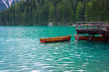 The Boathouse at Lake Braies in Dolomites mountains