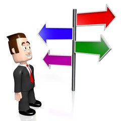 3D businessman, signpost with four arrows - great for topics like making a decision, choice, strategy etc.