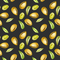 Seamless pattern with watercolor pistachios elements, hand painted isolated on a dark background