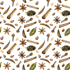 Seamless pattern with watercolor spices (cinnamon, anise, caraway, cardamom and cloves), hand drawn isolated on a white background